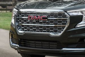 Front view of a black 2023 GMC Terrain parked near Beloit, Wisconsin.