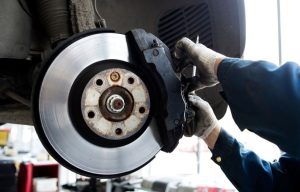 Brake service being performed on a car near Beloit, Wisconsin.